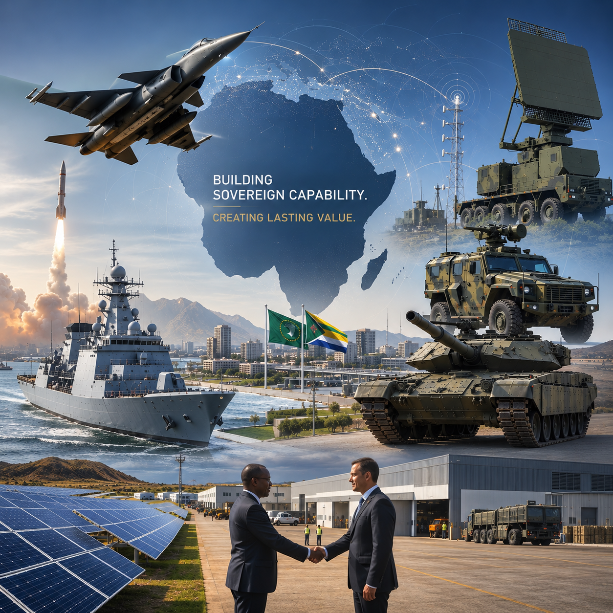 Montage of defence, maritime, and energy capabilities across Africa, building sovereign capability and creating lasting value