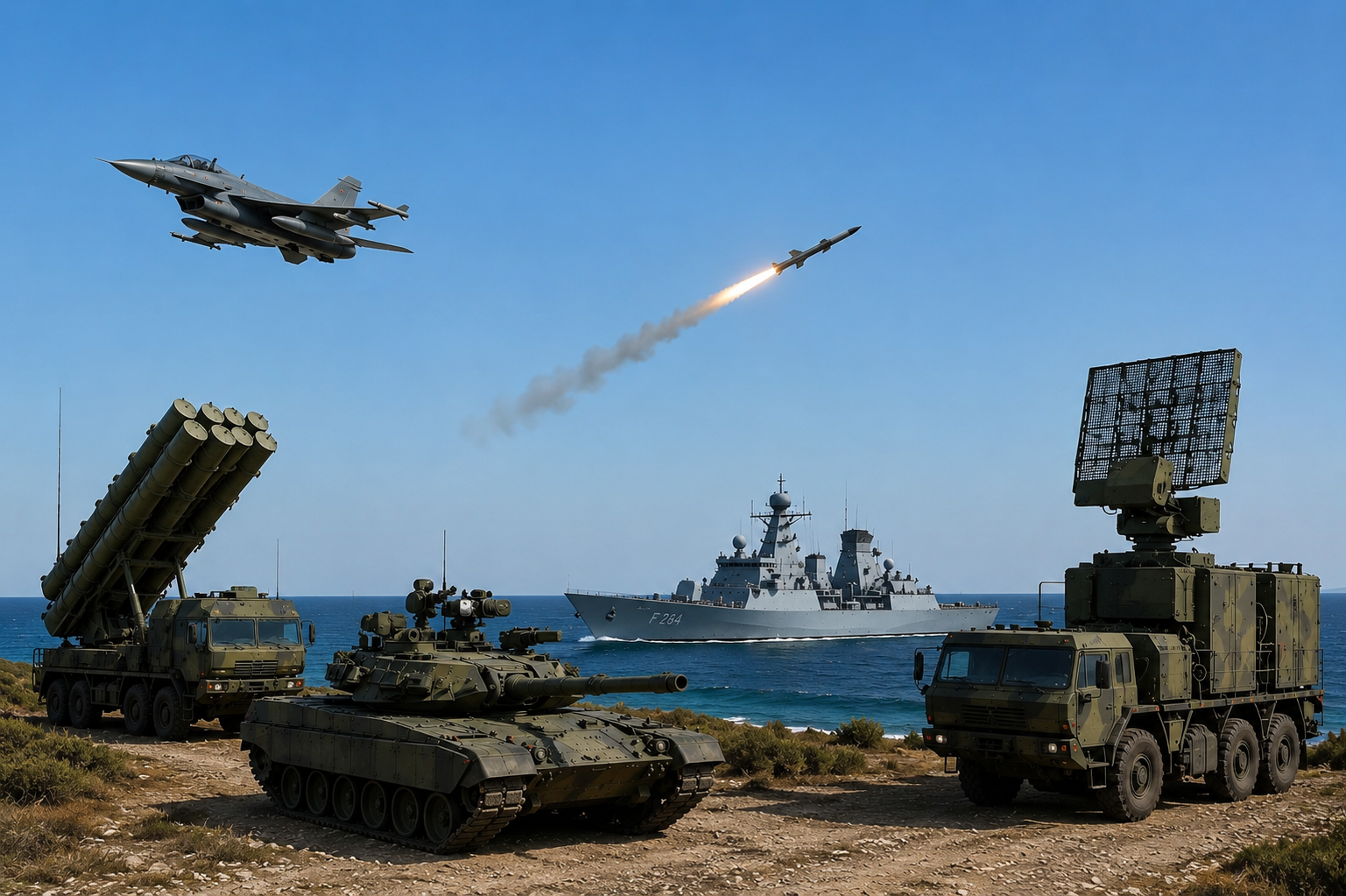 Fighter jet, naval vessel, and armoured defence vehicles deployed together