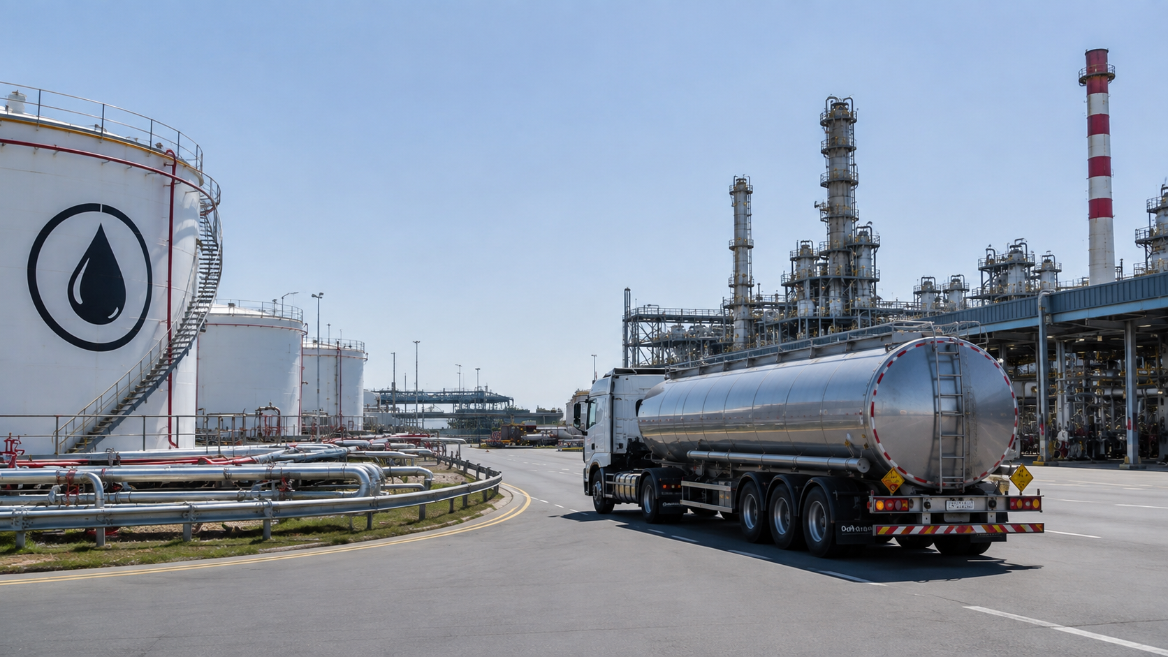 Fuel tanker truck at an energy refinery