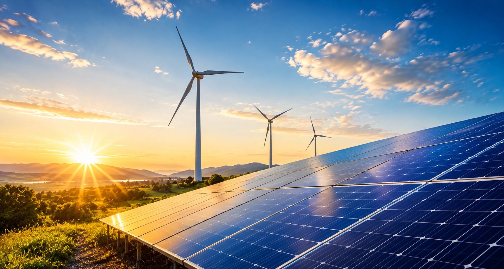 Solar panels and wind turbines at sunrise